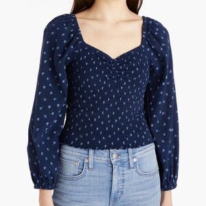 Madewell Lucie Balloon Navy Blue Smocked Top size M